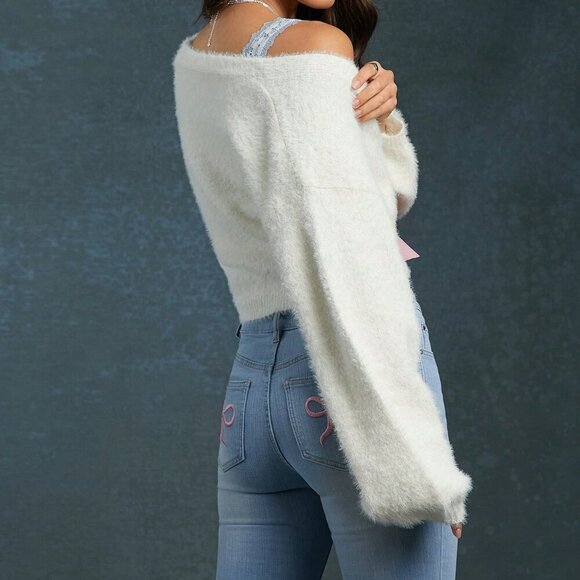 Beige Casual Women's Bow Front Deep V Neck Long Sleeve Cardigan - Picture 2 of 5